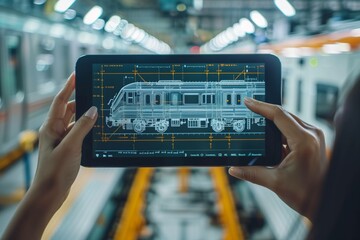 Tablet with a drawing in electronic form on a tablet in a worker's hands, development, production, assembly of air transport for a passenger electric train rail carriage