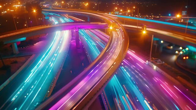 The chaotic and colorful light trails captured on the highway below remind us of the constant buzz of activity in the city.