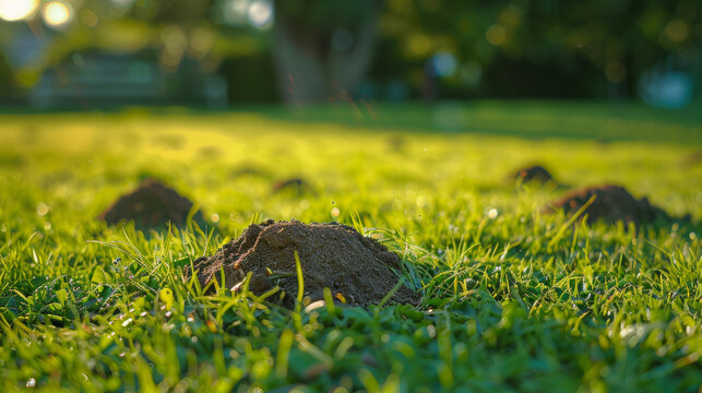Molehills on green lawn