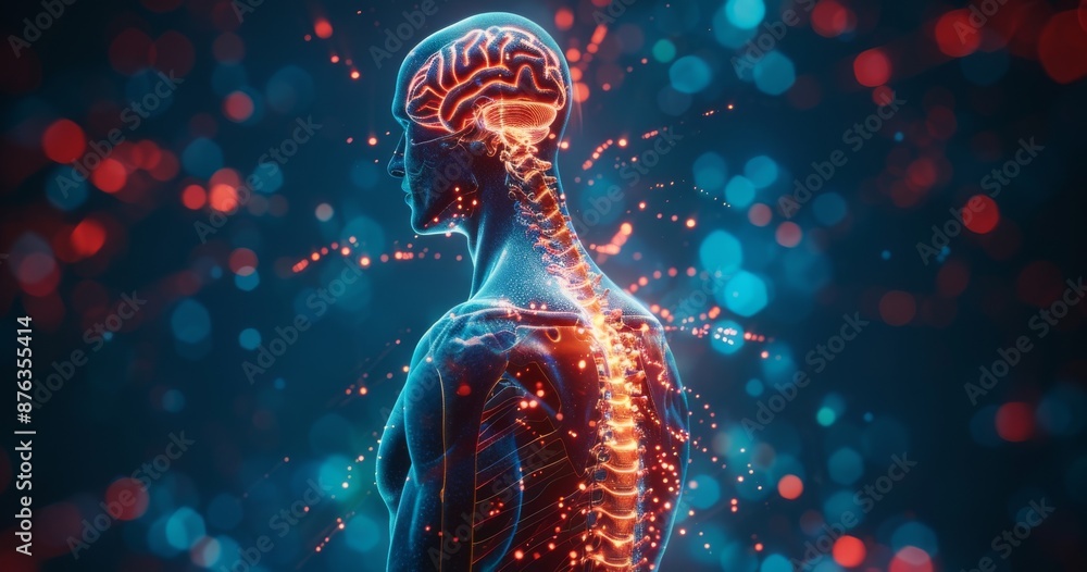 Poster digitally enhanced human figure showing brain and spinal cord with neural connections