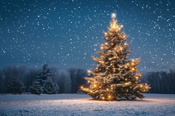 A beautifully decorated Christmas tree standing in a snowy field, with a clear, starry night sky above