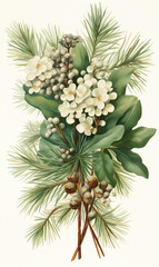 Watercolor painting of a winter bouquet of branches and mistletoe.