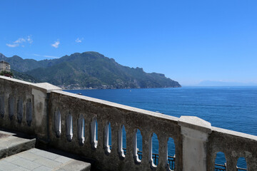 View of the Amalfi Coast from a beautiful stone staircase, Atrani, Italy