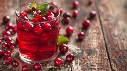 A glass of cranberry juice with whole cranberries.