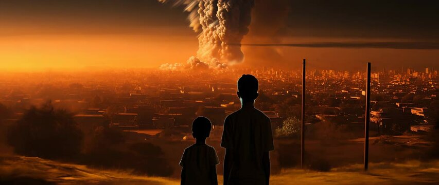 A nuclear explosion day and night from an apartment window, a stormy sky, a shock wave against the background of a nuclear mushroom in the process of releasing thermal