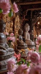 Fototapeta premium A beautifully decorated temple interior for Bodhi Day, with Buddha statues, flowers, and soft lighting. Bodhi Day selebration