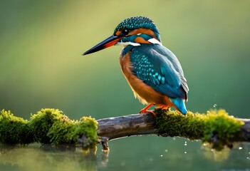 Kingfisher sitting on a dead branch in the lake, reflection image, green moss-covered branch, vibrant plumage, close-up view,