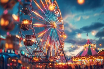A brightly lit Ferris wheel at night, with colorful lights and a festive atmosphere at the Oktoberfest fairground. Oktoberfest selebration 
