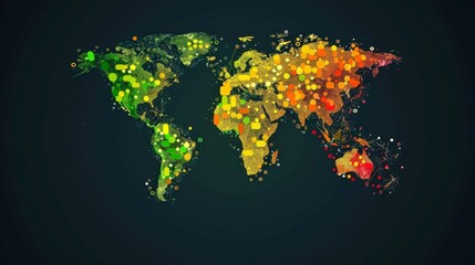 A colorful world map with a green, yellow, and red color scheme
