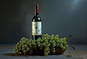 Obraz premium A bottle of red wine with a label, surrounded by green grapes on a wooden surface against a dark background, white empty label, free space fror grand or writings