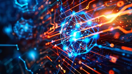 Futuristic science tech concept: graphic of atom structure integrated with electronic pattern.