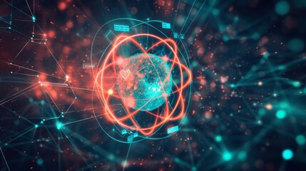 Futuristic science tech concept: graphic of atom structure integrated with electronic pattern.