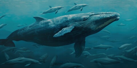 Fototapeta premium A large whale swims through a school of fish in the deep blue ocean.