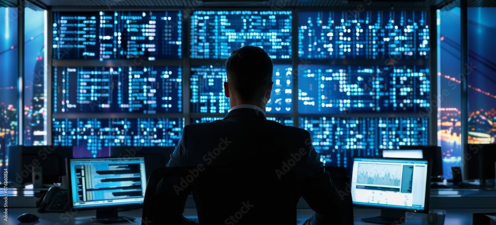 Poster male it professional analyzing data on multiple screens in a high-tech office