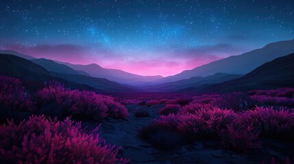 A starry night sky illuminates a valley with purple wildflowers in the foreground and distant mountains in the background.