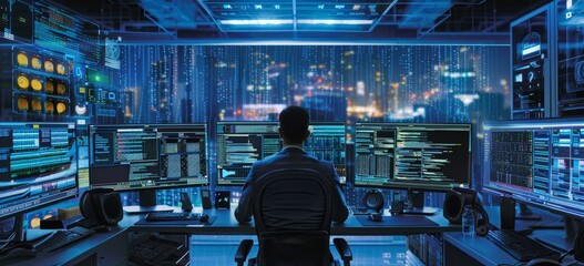 Male IT professional monitoring multiple screens in a high-tech control center