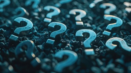 Scattered question marks with space for answers through self education analysis curiosity and reasoning to achieve clarity