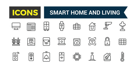 Smart home and living icons set. Outline icons pack. Editable vector line icon set and illustration for web and UI application.