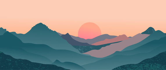 Abstract mountain landscape background, Nature wall decor, art print, minimalist panorama hill, adventure and travel view design. Vector illustration