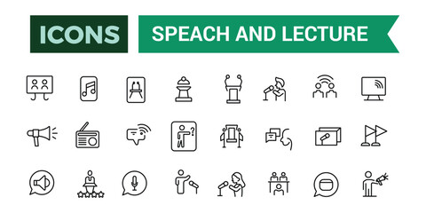Speach and Lecture icons set outline vector. Outline icons pack. Editable vector line icon set and illustration for web and UI application.