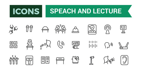 Speach and Lecture icons set outline vector. Outline icons pack. Editable vector line icon set and illustration for web and UI application.