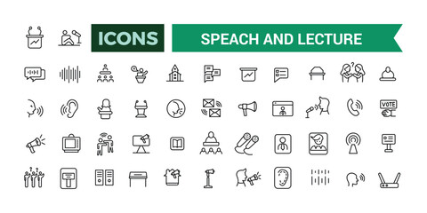 Speach and Lecture icons set outline vector. Outline icons pack. Editable vector line icon set and illustration for web and UI application.