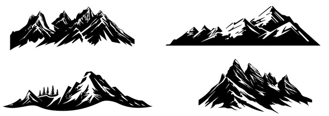 Set of Black and White Mountain Silhouette Illustrations. Vector Designs of Mountain Ranges