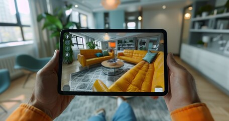 Person holding a tablet with AR displaying a redesigned modern living room
