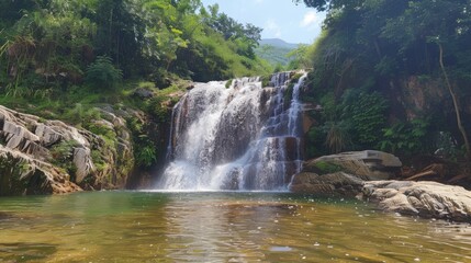Fototapeta premium Scenic Waterfall cascading into a clear pool, surrounded by lush green forest. Tranquil nature, travel, and adventure destination.