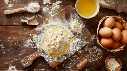 Ingredients and Baking Utensils on Wooden Table