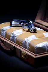 A handgun lies on packages of cocaine in a briefcase, Handgun and Briefcase of Cocaine
