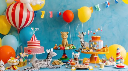Modern And Whimsical Table Decoration Themed Around Circus And Animals, Perfect For Celebrations.