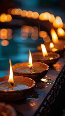 A close-up of traditional Diwali diyas oil lamps arranged in a beautiful pattern, with a soft, glowing light against a dark background 