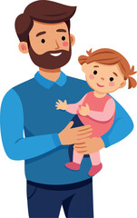 A bearded father holding his daughter, both smiling and having a joyful moment.