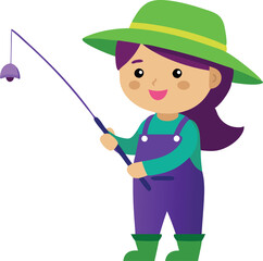 Illustration of a young girl fishing with a fishing rod, wearing a hat and smiling happily