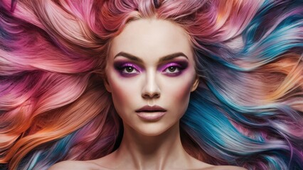 Fototapeta premium A woman with colorful hair and makeup on her face, AI