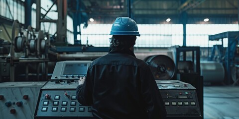 Obraz premium Industrial worker operating machinery in factory with safety helmet and workwear