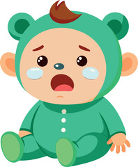 Obraz premium Illustration of a baby in a green onesie crying. Baby expressing sadness while sitting on the floor.