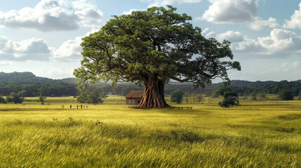 Fototapeta premium Large Tree With Small House in Field on Sunny Day