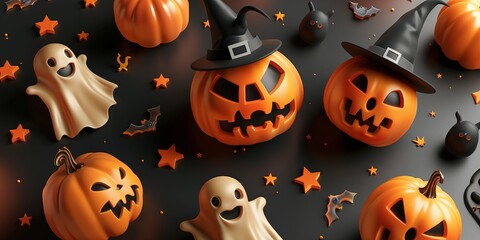 A 3d illustration festive Halloween scene featuring a collection of adorable decorations.