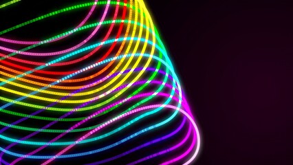 Abstract lines made with light painting with the colors of the rainbow on black background.Stack of rolls of multi-colored fabrics.Abstract lgbt symbol, rainbow pride sign waves floating in space. 