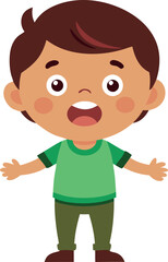 Obraz premium A happy boy in a green shirt, standing and smiling with arms open, showcasing a positive and joyful expression.
