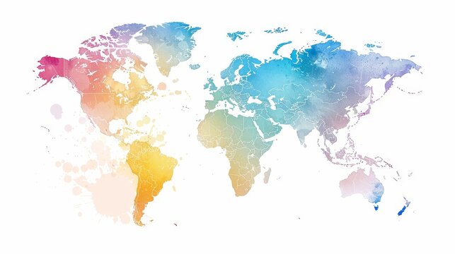 Fototapeta A colorful world map with the continents of Africa, Asia, Europe, North America