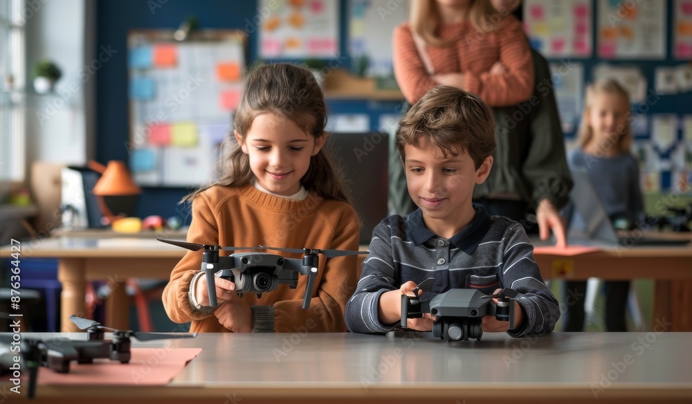 Aufkleber children playing with drones in a classroom setting, smiling and having fun