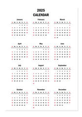 Simple calendar 2025 in english language. Week start on Sunday. Vector graphic.	