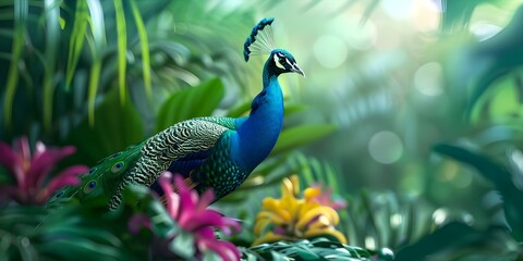 Fototapeta premium Creating a 3D visualization of a vibrant tropical jungle with a peacock and colorful flowers. Concept 3D visualization, Tropical jungle, Peacock, Colorful flowers
