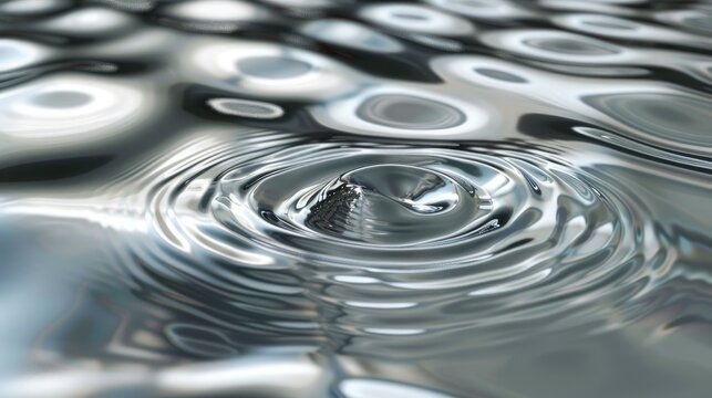 Silver liquid ripples with metallic circle detail and concentric waves creating a resonant background pattern on water surface