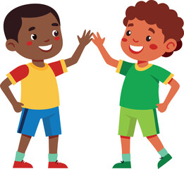 Two young boys giving a high five, showing friendship and happiness in a park setting.
