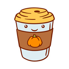 Pumpkin latte kawaii character. Delicious cute autumn hot drinks.
