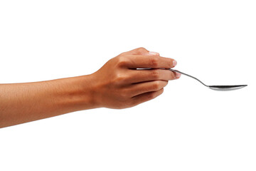 Female hand holding silver spoon isolated transparent